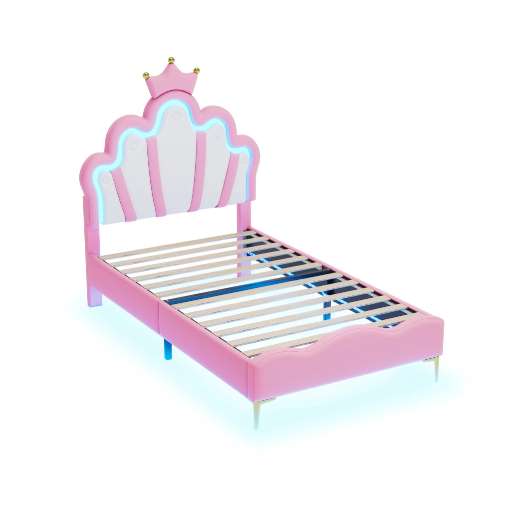 OKWISH Letto Bambini 90×200 cm, Letto Singolo con Corona, LED Regolabile e Testiera Imbottita, senza Materasso, PU, Rosa