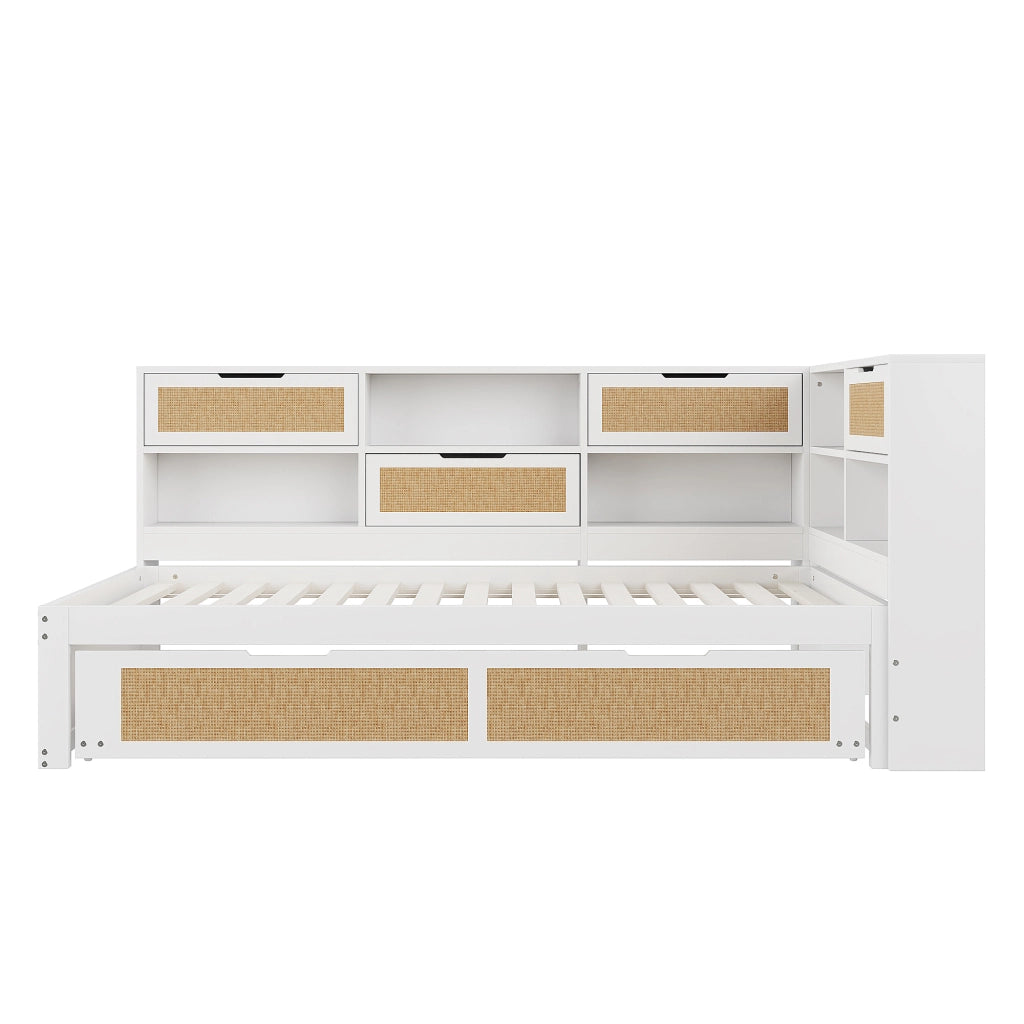OKWISH Letto Divano 90×200 cm, Letto Singolo con Letto Estraibile 90×190 cm, USB, Prese e Contenitori, senza Materasso, in Legno, Bianco