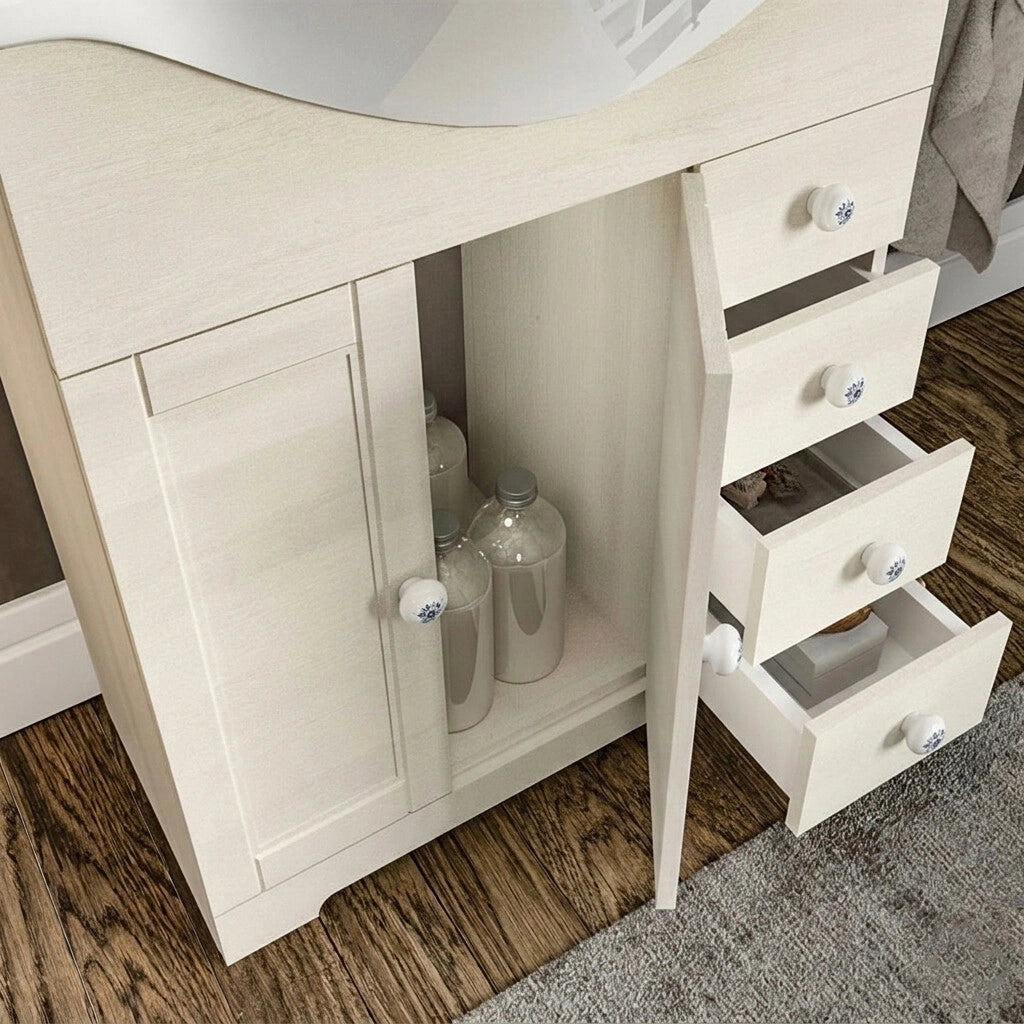 Mobile bagno a terra 75 cm bianco decape con lavabo e specchio Romantica