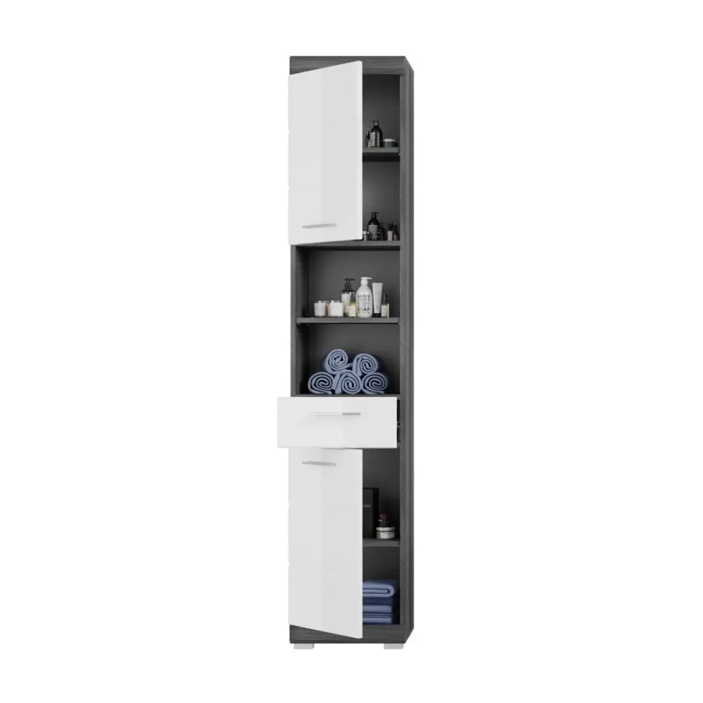 Set bagno SCOTT – Mobile sottolavabo, colonna, specchiera e mobile contenitore – Grigio scuro e bianco