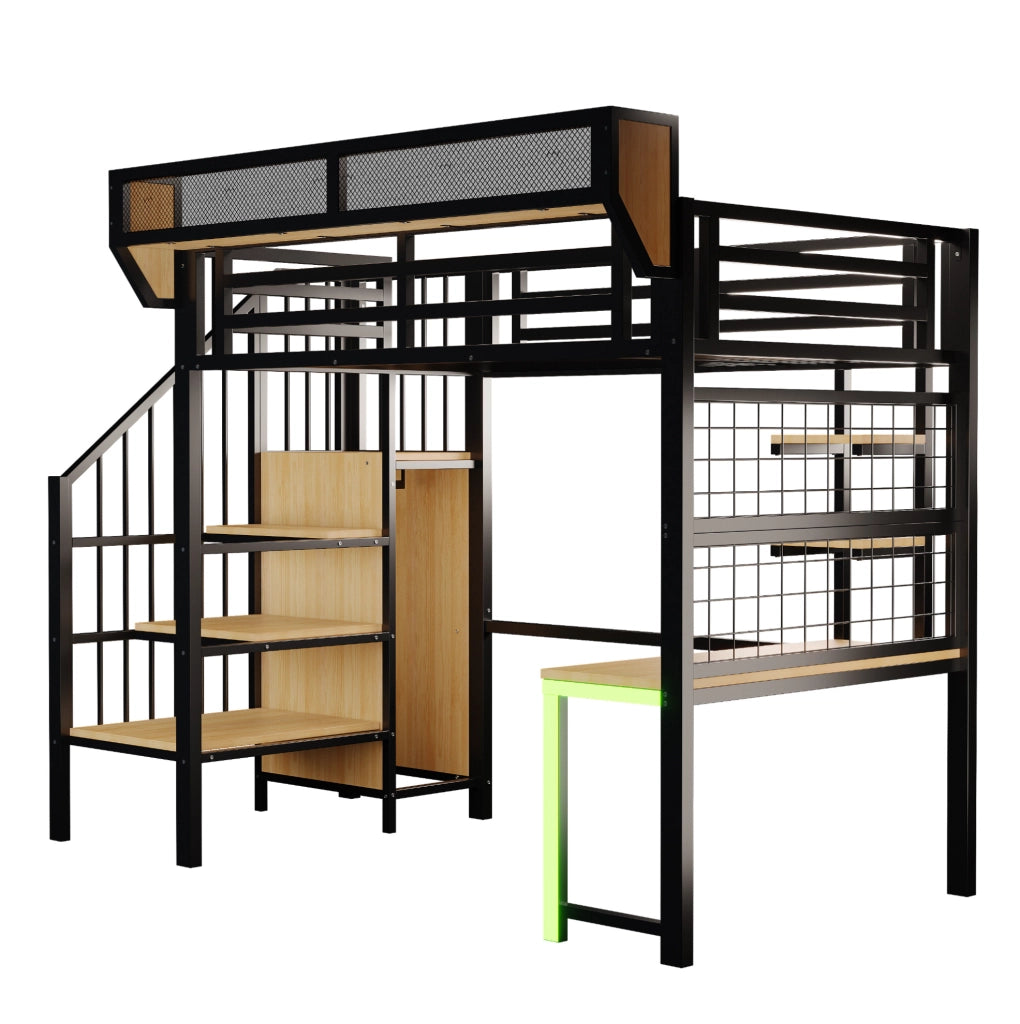 Letto a soppalco in metallo 90x200 cm nero con scrivania; ripiani; LED e prese