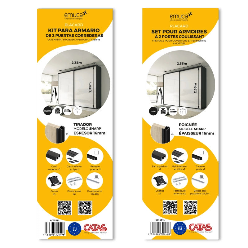 Kit di ferramenta per armadio 2 ante e chiusura ammortizzata Placard 74, Modello Maniglia Sharp, spessore 16 mm, panne..