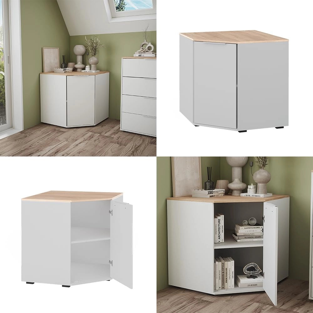 Credenza Betti, Bianco/Sonoma, 77.9 x 77.9 cm con 1 porta, per riporre abiti e oggetti di uso quotidiano