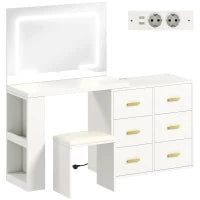 Tavolo da trucco con specchio e sgabello, con illuminazione LED regolabile e 6 cassetti, 118 x 78 x 135 cm, Bianco