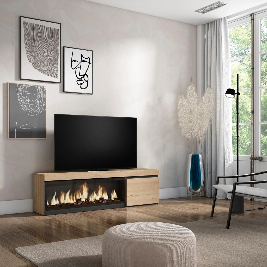 Mobile TV Soggiorno, 158x35x45cm, Per TV fino a 65", Camino elettrico XXL, colore Rovere RF3249