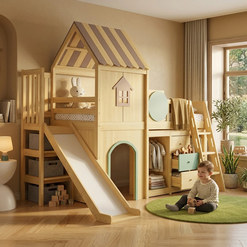 Letto a Soppalco 90 x 200 cm - Scivolo; Scala a 3 Gradini e Armadi - Naturale e Verde