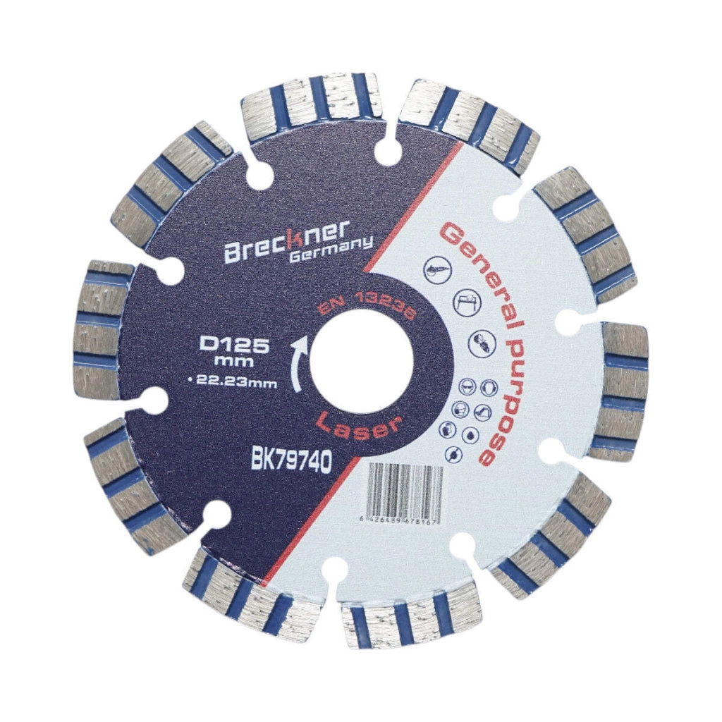Disco diamantato turbo segmentato 125x22,23 mm, segmento 10 mm per cemento armato, pietra dura, autobloccanti Breckner Germany
