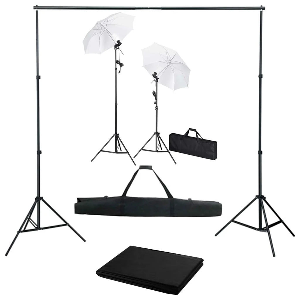 Kit professionale per studio fotografico con fondale nero luci e ombrelli 02_0001493