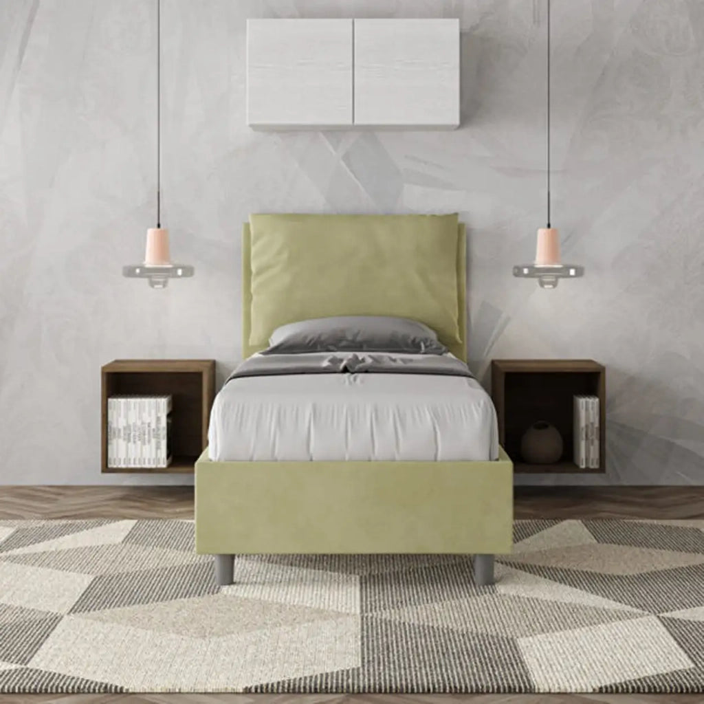 Letto singolo contenitore imbottito 80x200 microfibra tè verde Antea