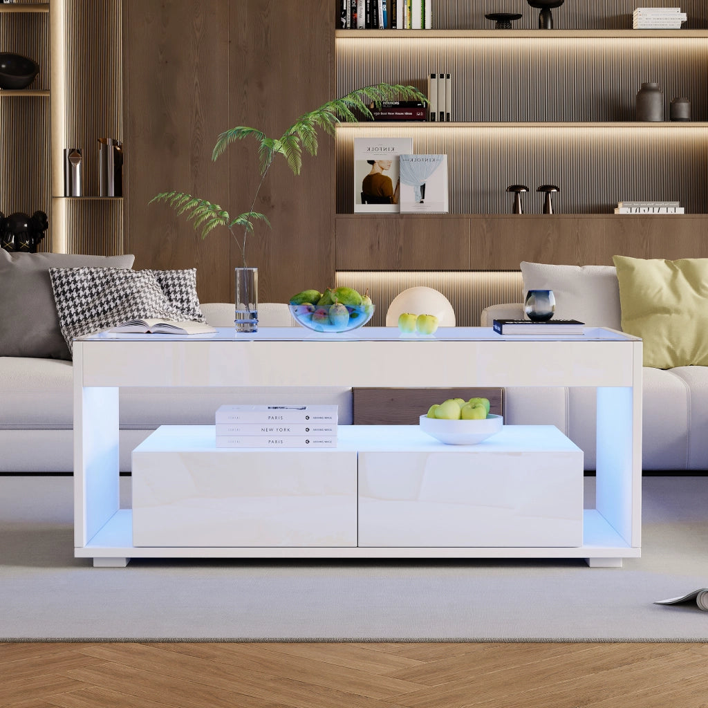 Tavolino da salotto 100x50x40 cm; LED integrata e 2 cassetti; ripiano in vetro temperato; truciolare; bianco