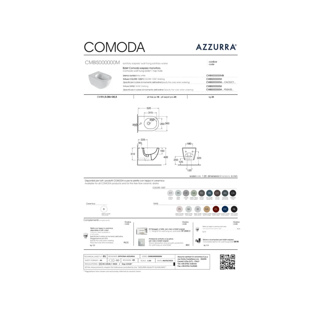 Bidet Sospeso Azzurra Ceramica "Comoda" Nero Opaco