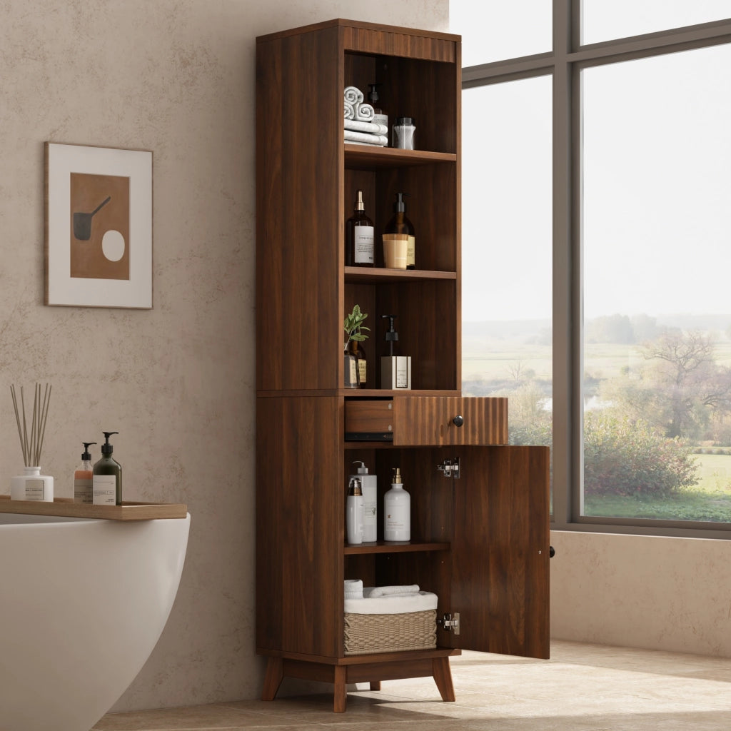 Colonna bagno con 1 anta reversibile; 1 cassetto e vani aperti con chiusura soft-close per bagno; in MDF; noce