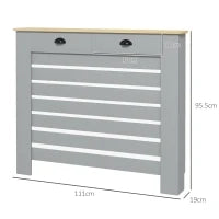 Copritermosifone in MDF a Doghe, Copricalorifero a Griglia con 2 Cassetti, 111x19x95.5 cm, Grigio