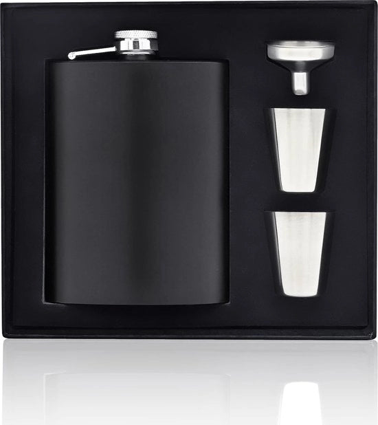 Zak Heupkolf da 8 oz per uomo, flacone di whisky in acciaio inossidabile con beccuccio e 2 bicchieri, borsa da spalla portatile, flacone di alcol in materiale morbido nero, regalo per uomo, padre, matrimonio, festa all'aperto.