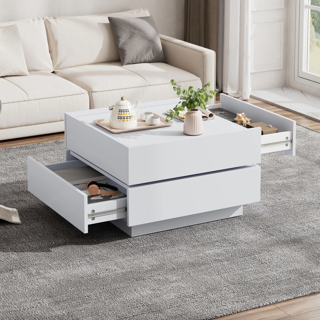 Tavolino basso con piano girevole a 360° e 2 cassetti per soggiorno, in pannello truciolare bianco, 60 × 60 × 38 cm