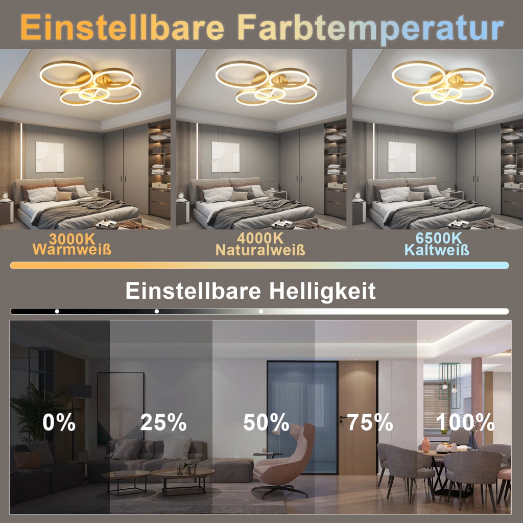 ZMH Lampada da soffitto plafoniera LED 78W dorata dimmerabile telecomando 5 anelli per soggiorno camera letto