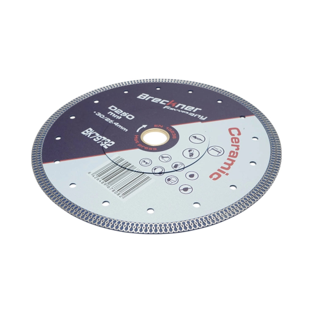 Disco diamantato turbo continuo 250x30/25,4 mm, segmento 10 mm per piastrelle, maiolica, ceramica dura Breckner Germany