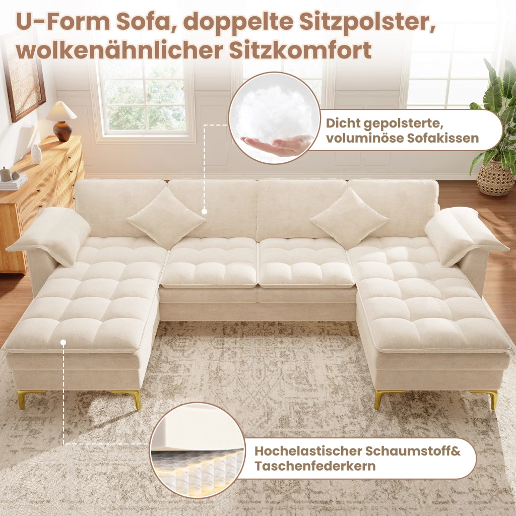Divano panoramico a U modulare per 4-5 posti con due chaise longue e cuscini in ciniglia beige 262 × 134 × 86 cm