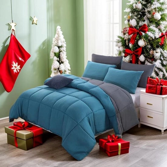 Coperta da letto impermeabile - Antiallergica - 100% Microfibra - Autunno & Inverno - Bicolor, Blu/Grigio - 135 x 200 cm