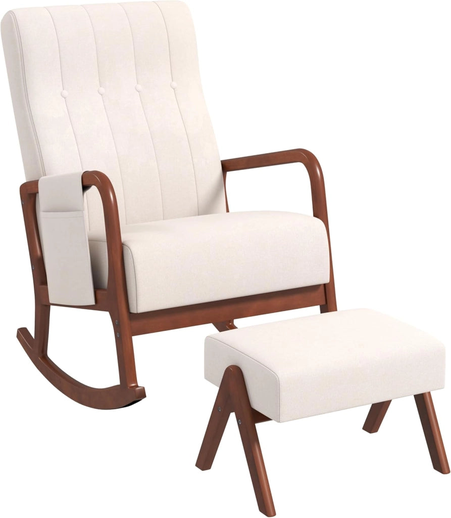 Poltrona a dondolo, Poggiapiedi, Sedia a dondolo, Braccioli confortevoli, Telaio in Legno di Eva, Schienale Curvo, Tasca Laterale Rimovibile, Sedia da Soggiorno, Carico 150 kg, Beige