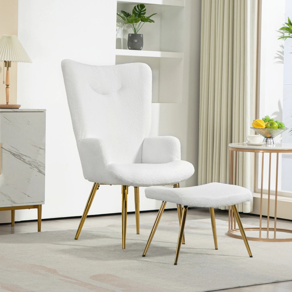Poltrona con pouf ¨C Zephmum ¨C Bianco, Sherpa, metallo dorato