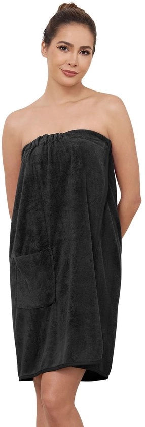 Badia da bagno femminile fino alla ginocchia con chiusura a bottone - badia leggera con chiusura regolabile e tasche laterali pratiche, nera XL