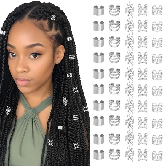 Accessori capelli argentati 50 pezzi - Adattabili per acconciature a dreadlocks - Accessori per capelli - Adatti per feste e matrimoni