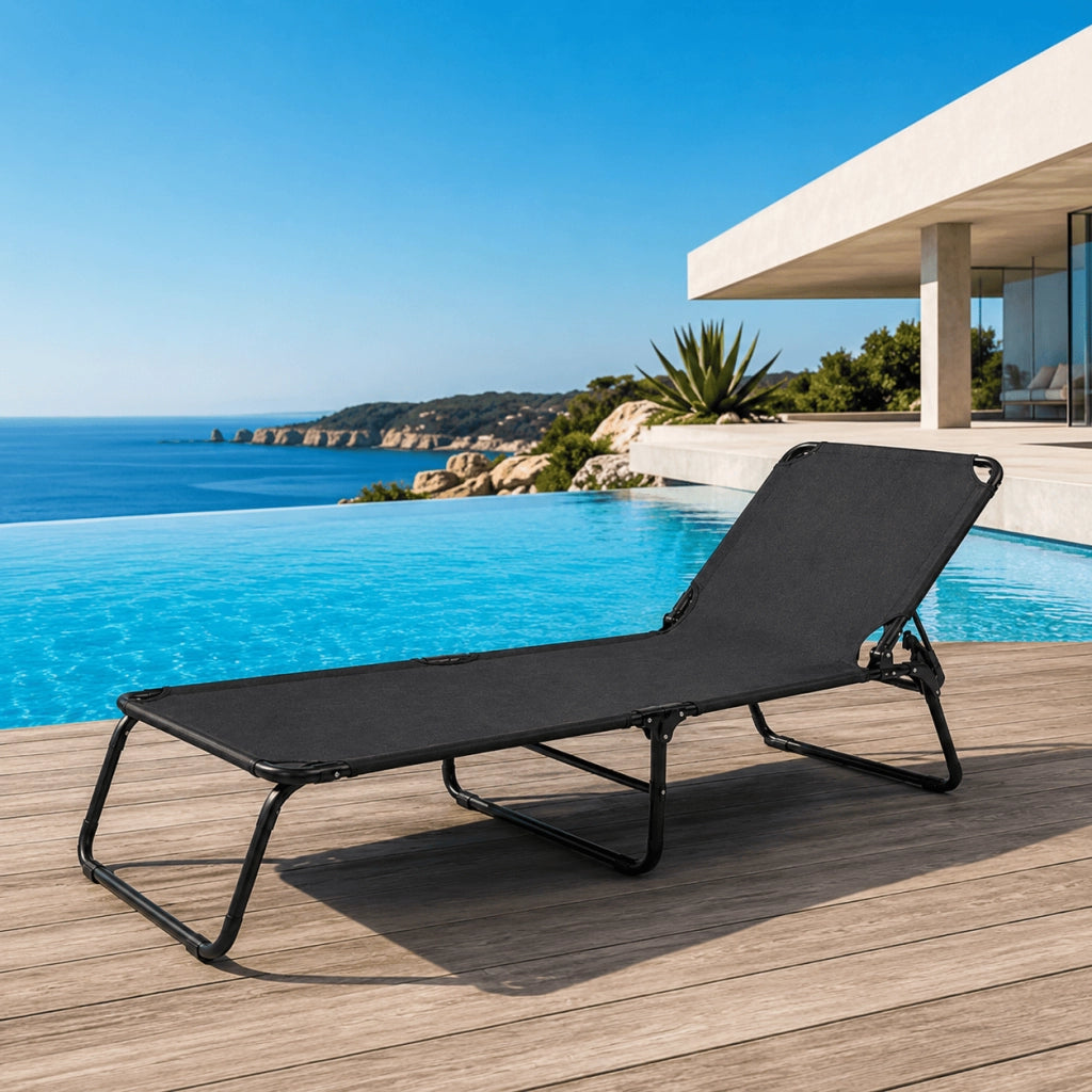 Lettino Sdraio Pieghevole Prendisole Con Schienale Reclinabile Regolabile Telaio In Metallo Nero Per Mare Piscina Giardino 187 x 53 x 24 Cm Nero