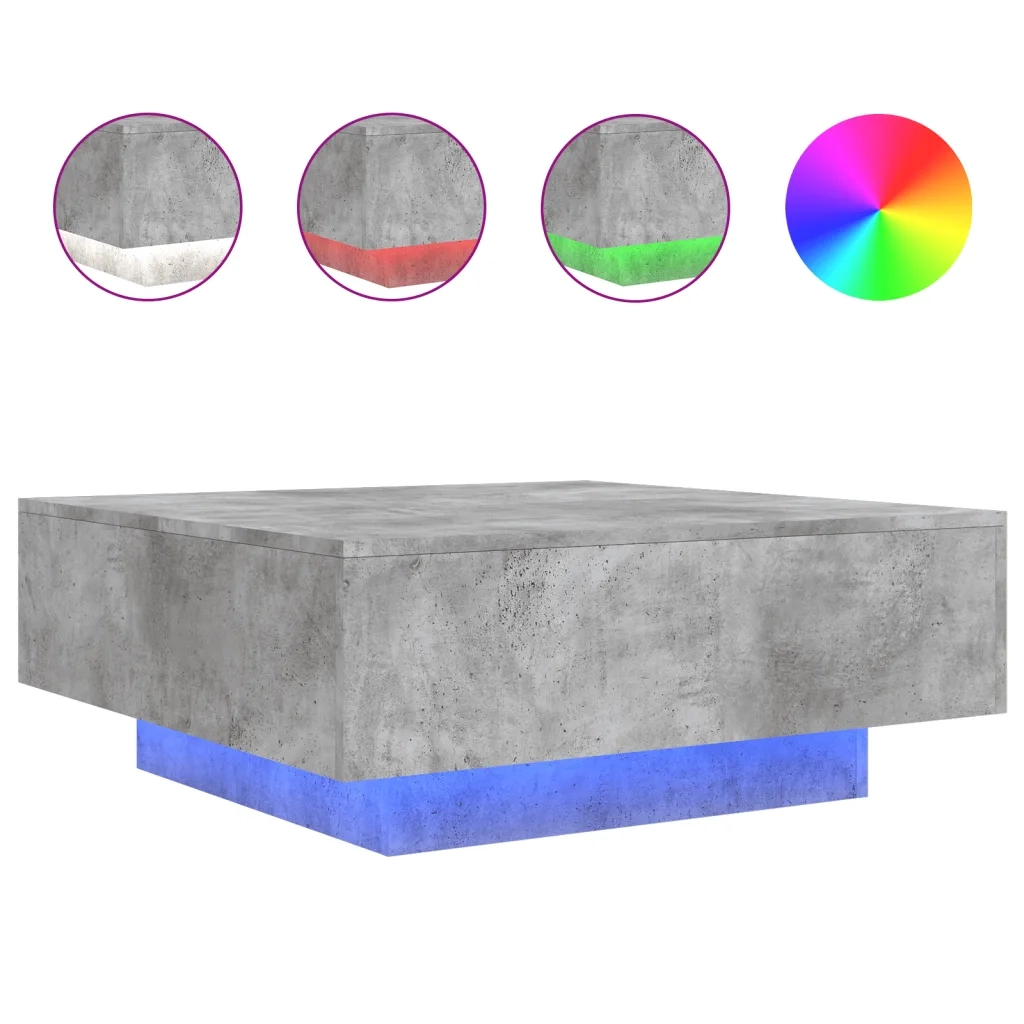 Tavolino da Soggiorno con Luci LED Grigio Cemento 80x80x31 cm 836591