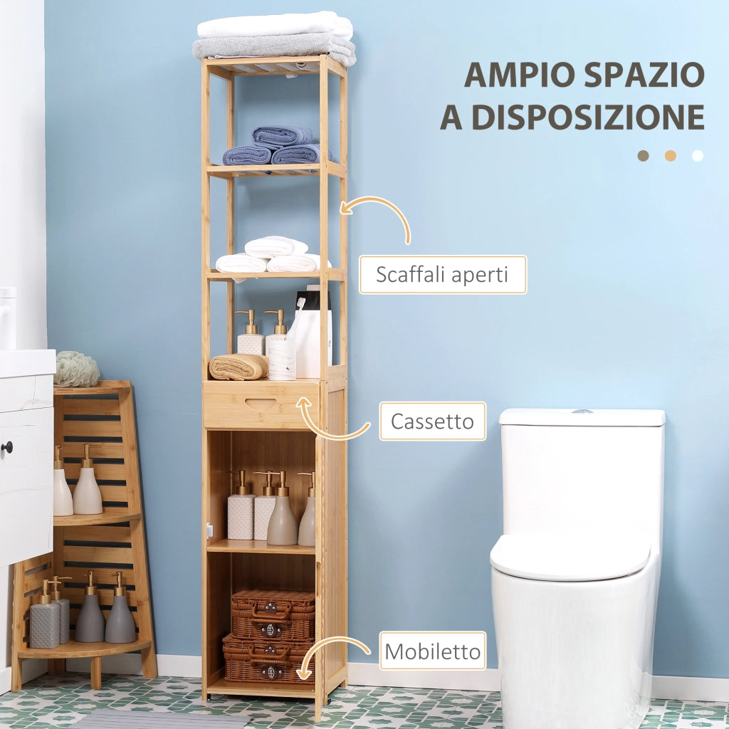 EasyComfort Mobile Bagno Alto in Bambù con 3 Ripiani Aperti, un Cassetto e un Armadietto, 32x30x163 cm, color Legno