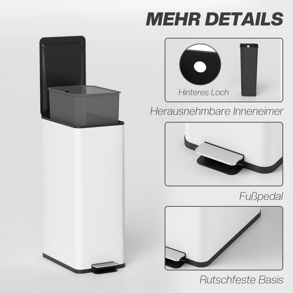 Bidone della spazzatura 20L ¨C zephmum ¨C Bianco, Acciaio inossidabile, Coperchio a chiusura morbida