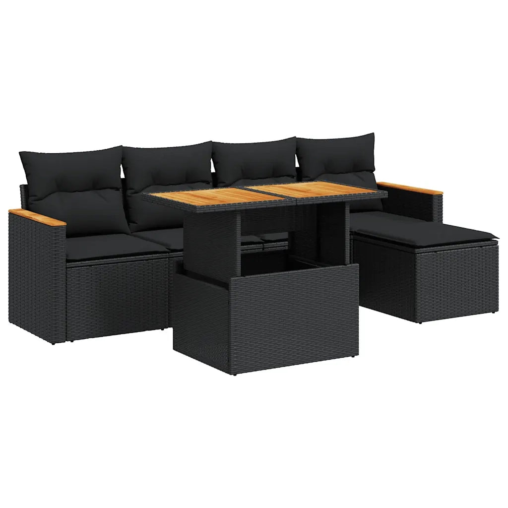 Set Divano da Giardino 6 pz con Cuscini Nero Polyrattan Acacia