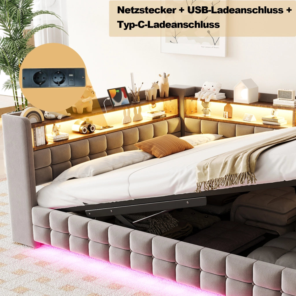 Divano letto 140 × 200 cm con contenitore idraulico; ripiani in legno; LED e prese USB Type-C; velluto grigio chiaro