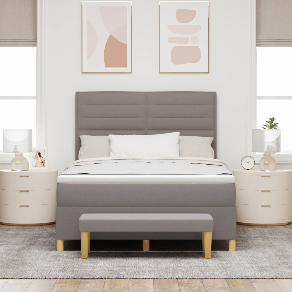 Letto con Box Spring e Materasso e Panchina Tortora 140x190 cm in Tessuto