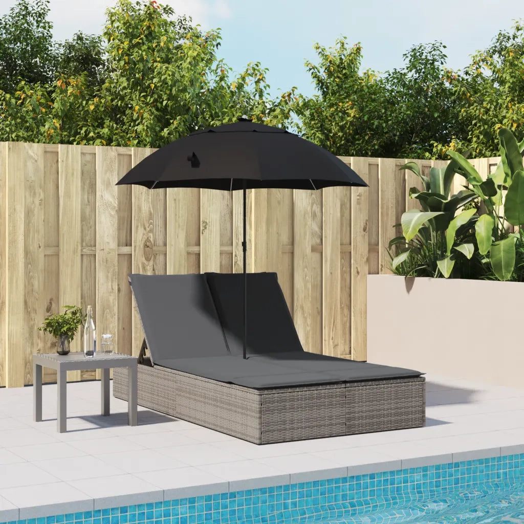 Lettino Prendisole | Sdraio da giardino | Lettino da sole Doppio Cuscini e Parasole Grigio Polyrattan