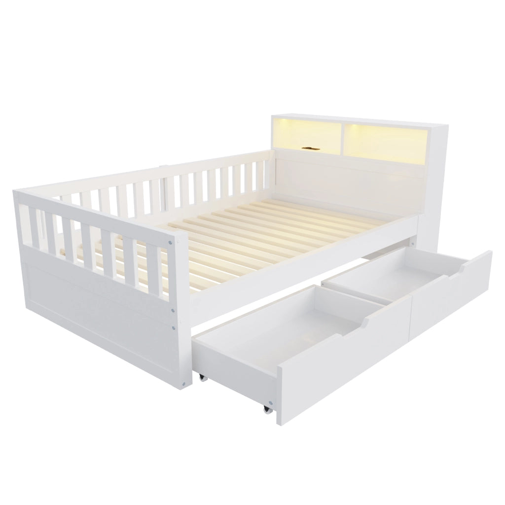 Letto singolo 90×200 cm con cassetti; ripiani; LED; USB; Type-C e sponde di sicurezza; senza materasso; legno; bianco