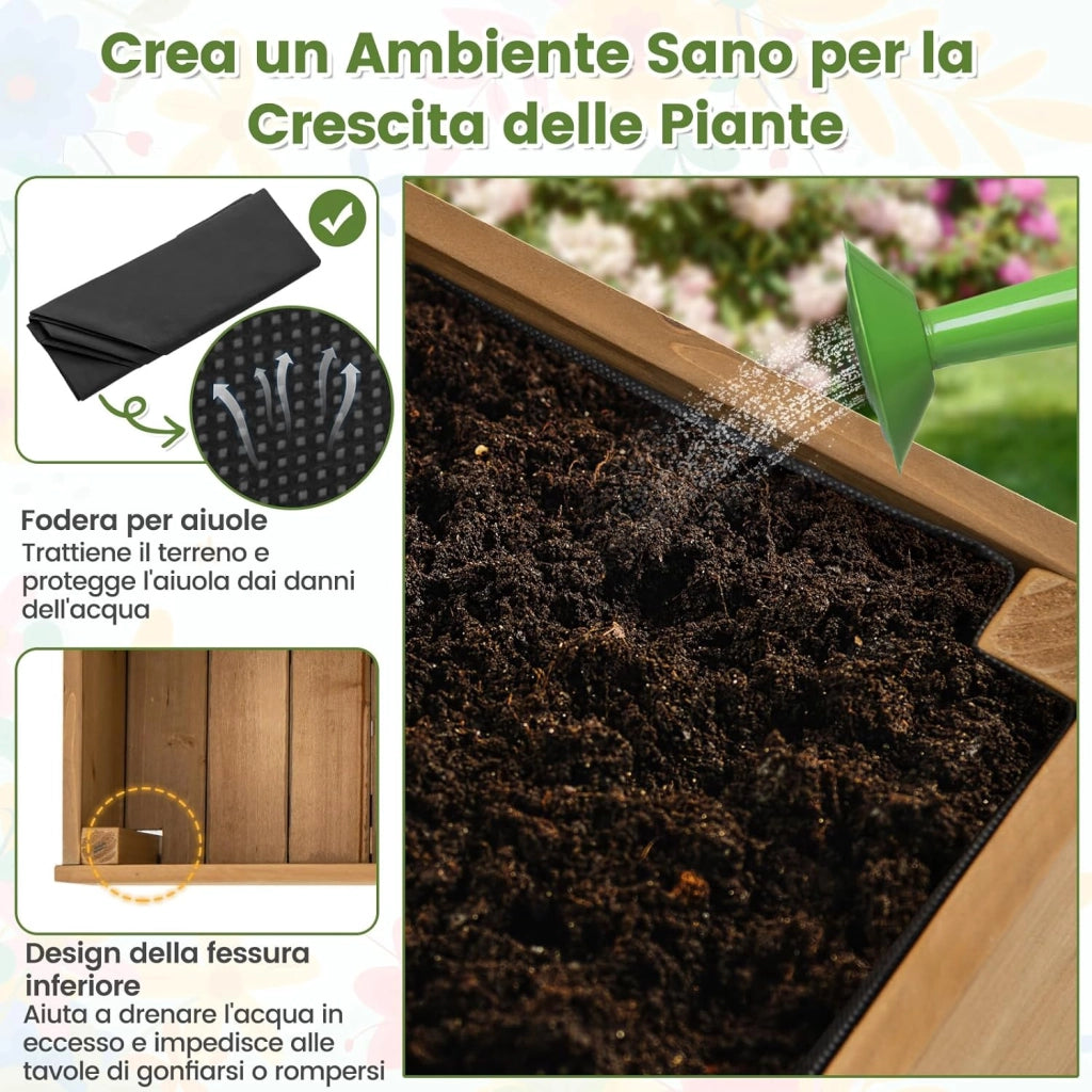 Fioriera Rialzata per Piante Rampicanti, Aiuola Rialzata con Grigliato, Ruote Bloccabili, Ripiano, Gambe e Fodera, Orto Rialzato da Esterno in Legno, 90 x 29 x 129 CM