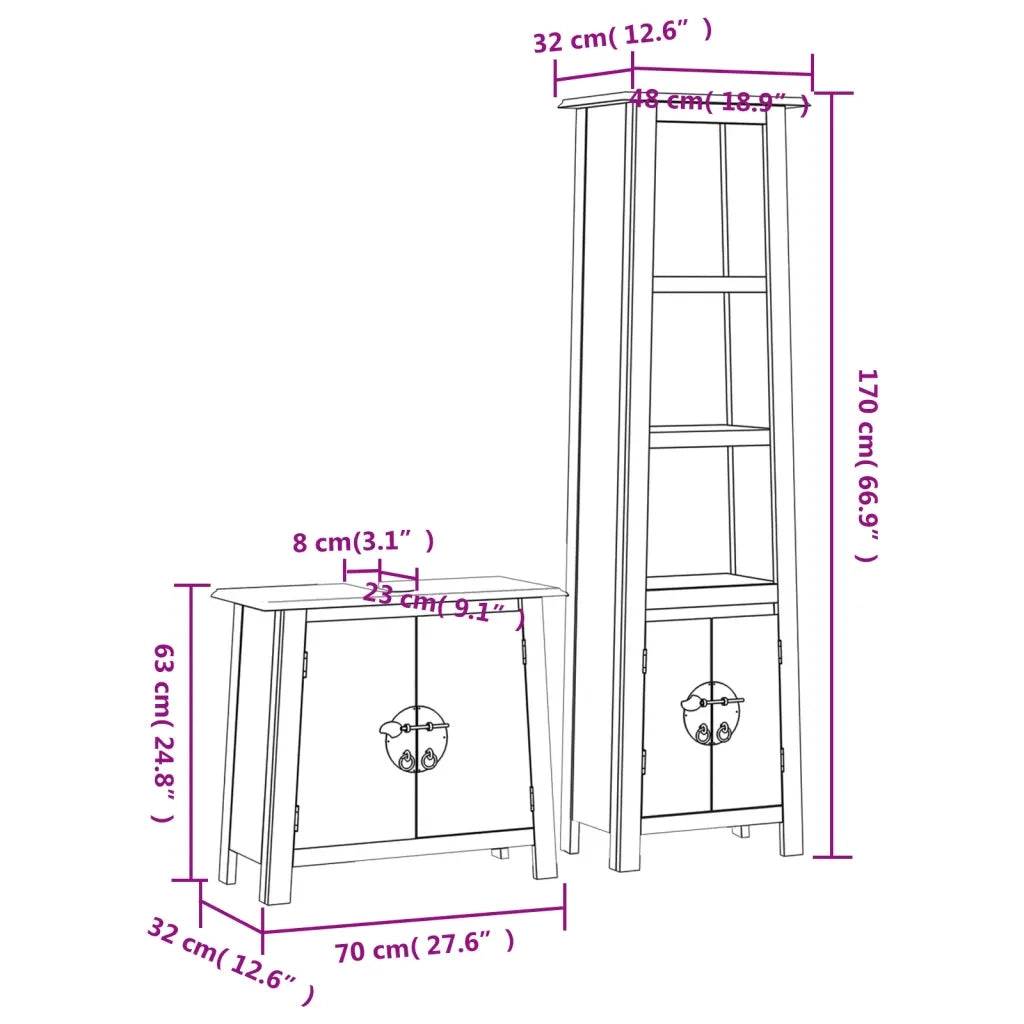 Set Mobili da Bagno 2 pz in Legno Massello di Pino