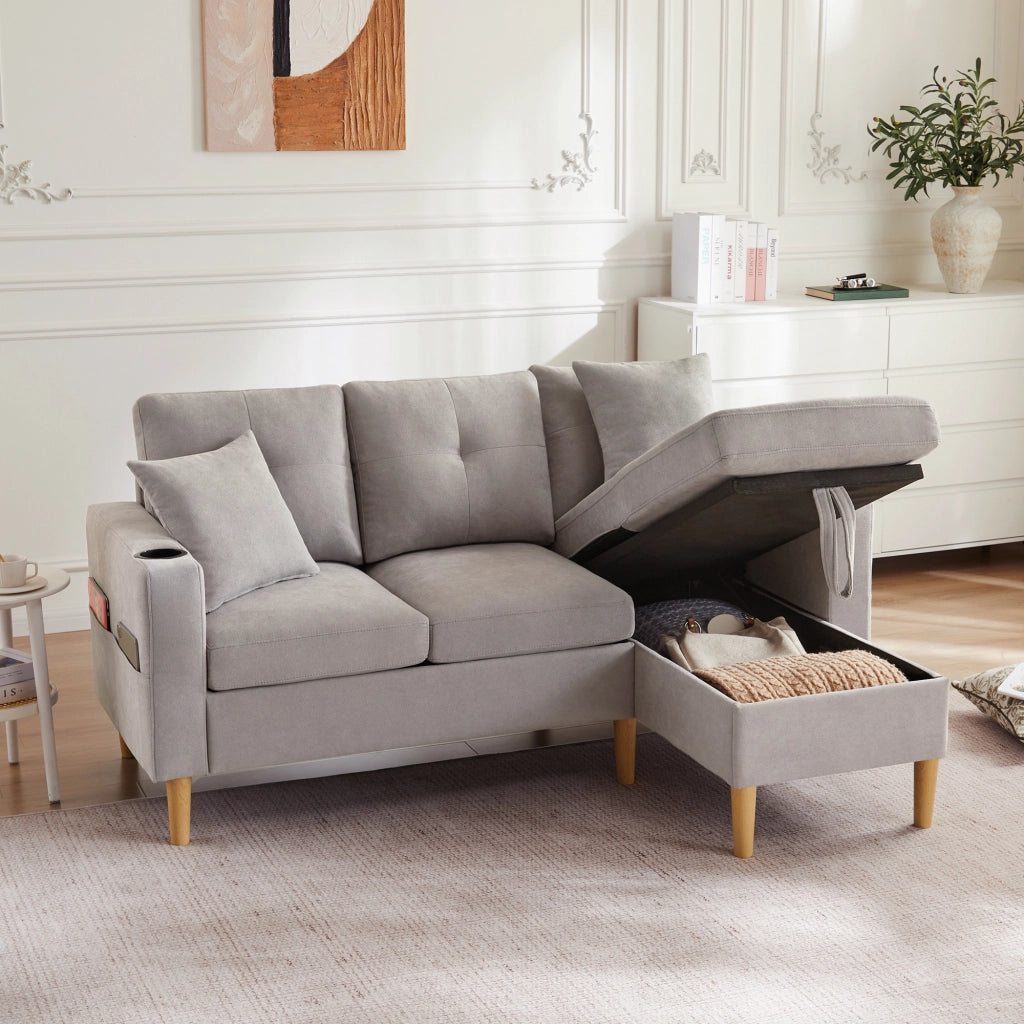 OKWISH Divano con Chaise Longue Reversibile 3 Posti, con Contenitore, Portabicchieri e 2 Cuscini, Cotone Lino, Grigio Chiaro