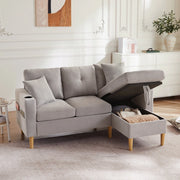 OKWISH Divano con Chaise Longue Reversibile 3 Posti, con Contenitore, Portabicchieri e 2 Cuscini, Cotone Lino, Grigio Chiaro