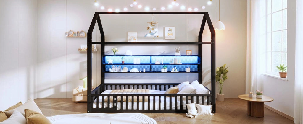 DESMIU Letto a Casetta per Bambini 1 Posto con Sponda e LED 90 × 200 cm, senza materasso, in Metallo, Nero