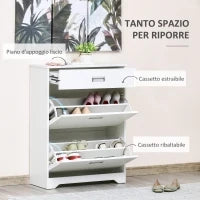 Scarpiera Moderna in Legno, 2 Cassetti con Mensola Regolabile per 16 Scarpe e Cassetto Piccolo, 70x29x92cm, Bianco
