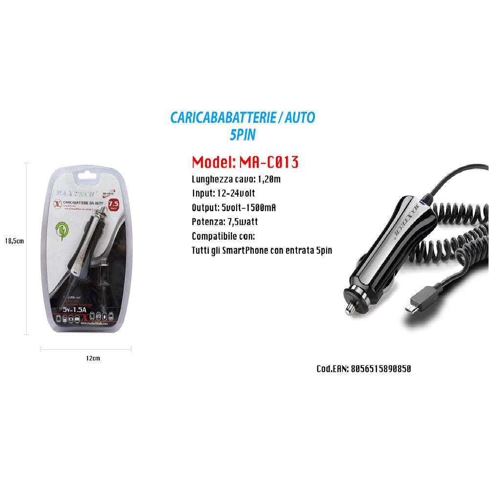 Trade Shop - Caricatore Usb Ricarica Caricabatteria Smartphone 5pin 5v-1500ma Da Auto Maxtech Ma-c013 -