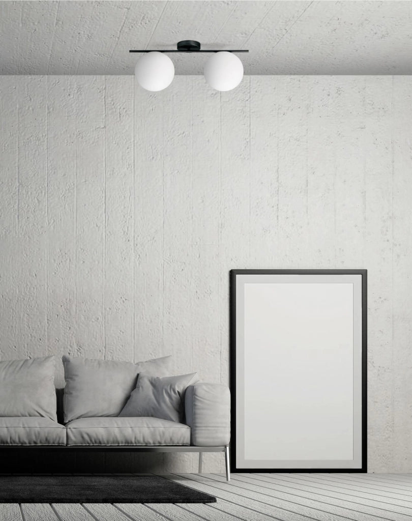 JUGEN BLACK LAMPADARIO DA SOFFITTO 2 LUCI VETRO BIANCO MONTATURA NERA D.20CM ATTACCO E27