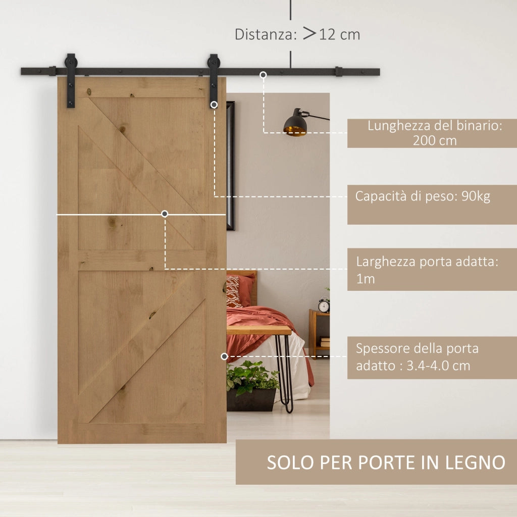 Binario per Porte Scorrevoli con Kit di Accessori Nero 200x4x0.6 cm