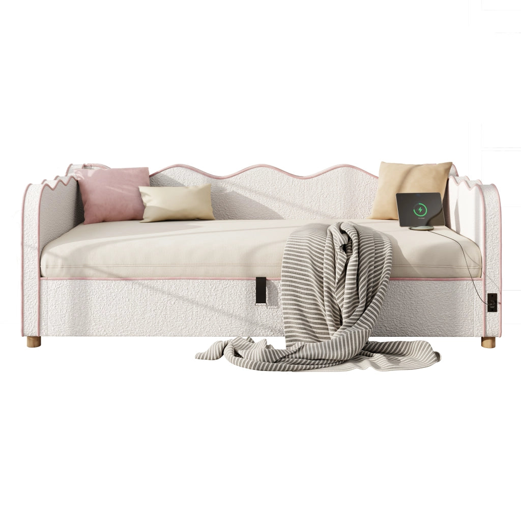Letto contenitore singolo 90×200 cm con vano idraulico; USB e Type-C; senza materasso; bouclé beige