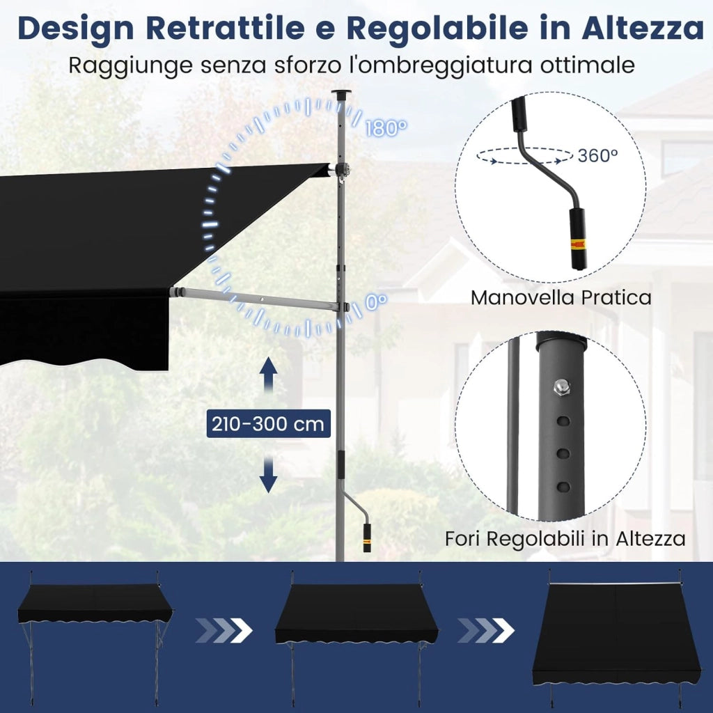 Tenda da Sole a Morsetto, Regolabile in Altezza e Inclinazione con Manovella, Telo Impermeabile e Resistente ai Raggi Solari e Telaio Antiruggine, Tenda Retrattile Senza Foratura (2M,Nero)