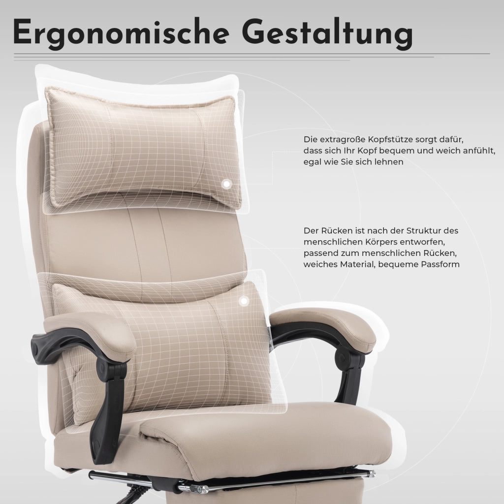Chaise de bureau ergonomica girevole con supporto lombare regolabile e poggiapiedi in tessuto tecnico beige