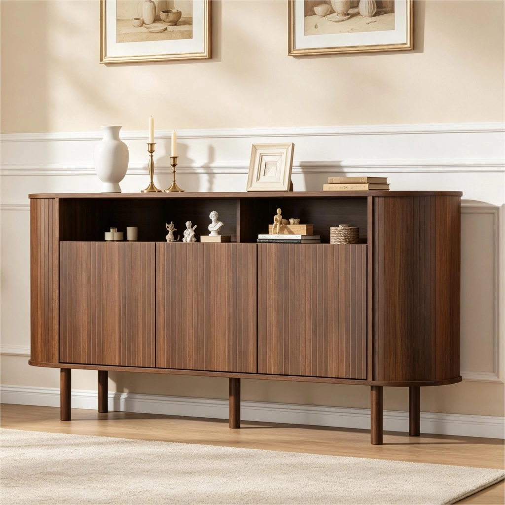 CREDENZA 160x40x78,5 cm con 3 ante ondulate, ripiani aperti, finitura noce