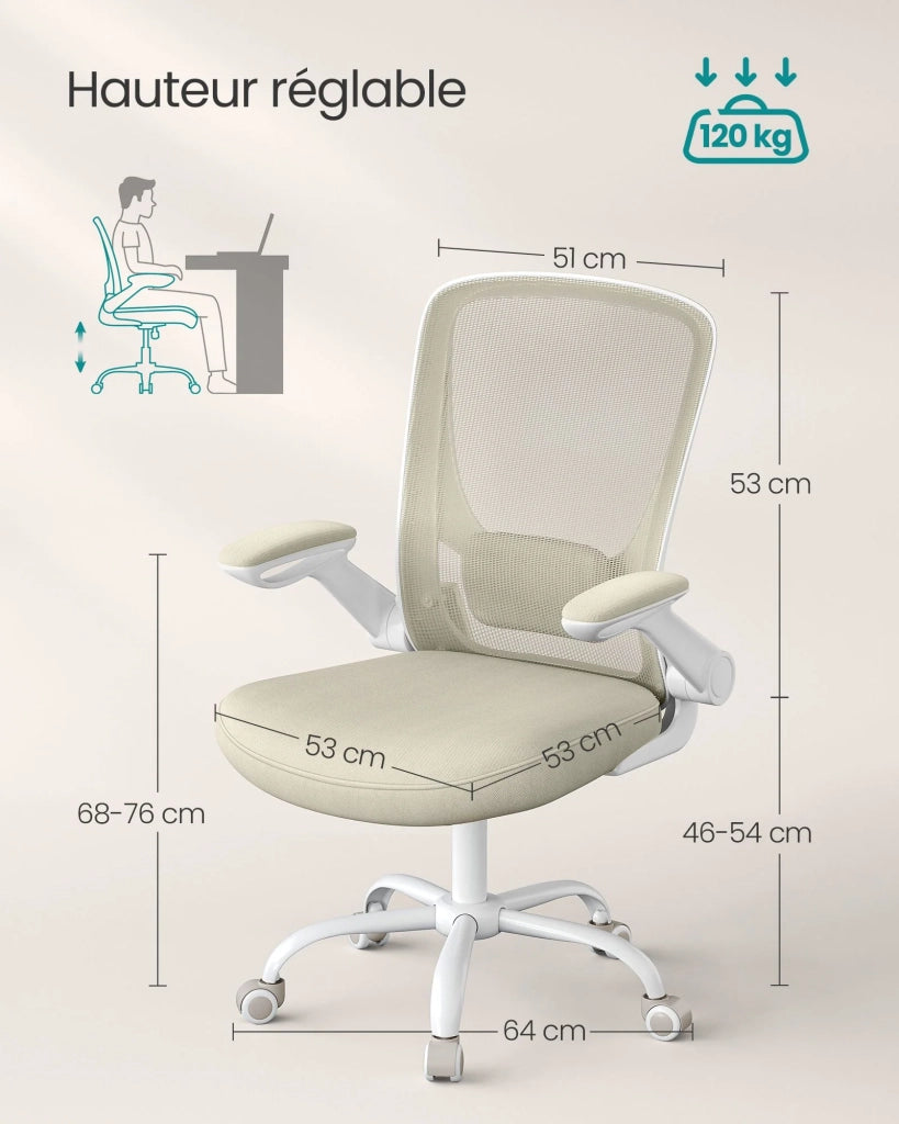 Sedia da ufficio con braccioli pieghevoli sedia da ufficio in tela seduta girevole a 360° supporto lombare regolabile salvaspazio beige 12_0005867